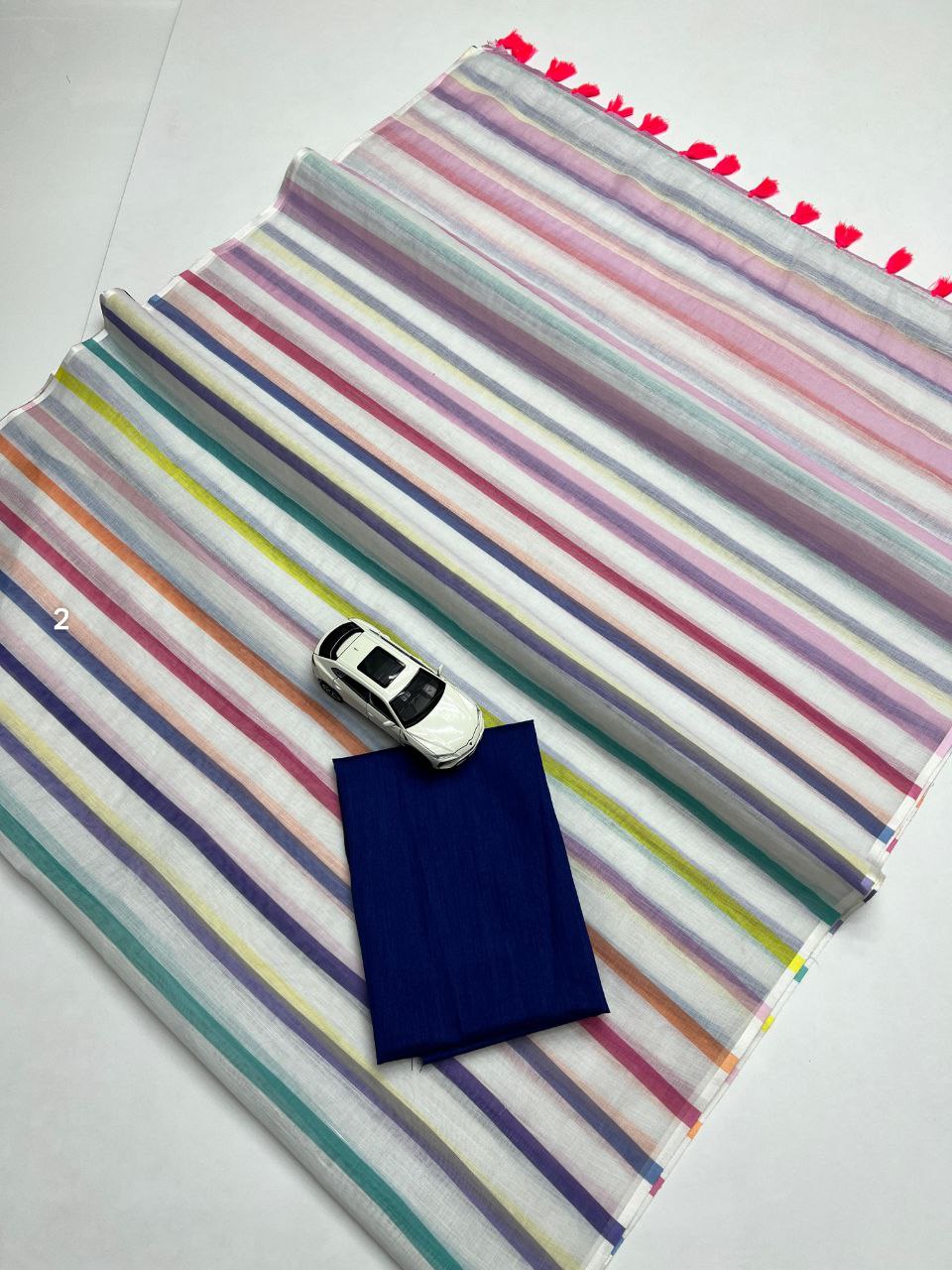 White Multicolor Stripe Cotton Linen Saree with Tassel Pallu Magnite-Magnite (SE-1073-Cotton Lilen)
