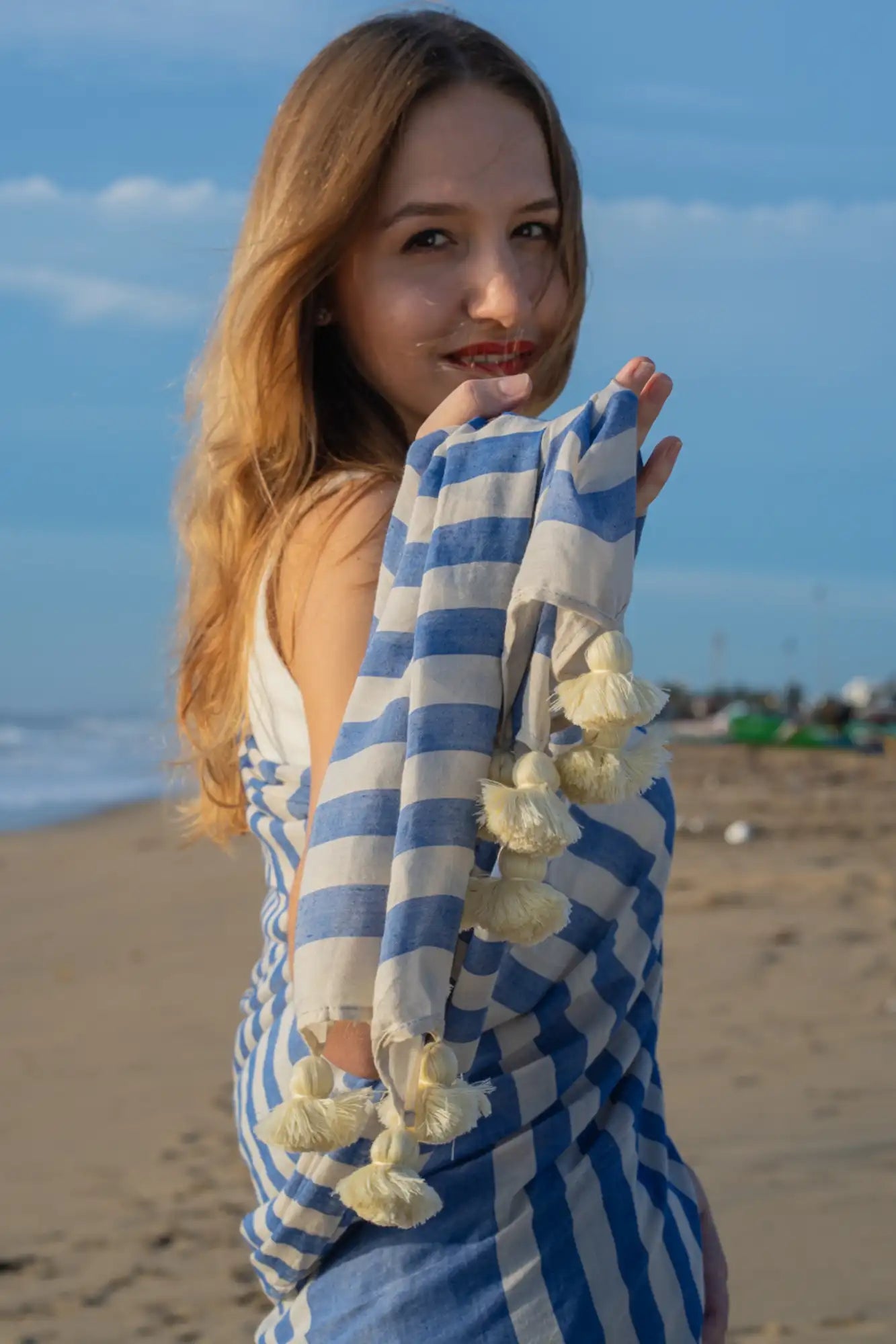 Blue White Striped Cotton Linen Saree with Tassels & Blouse Piece -Magnite (SE-1074-Cotton Lilen)