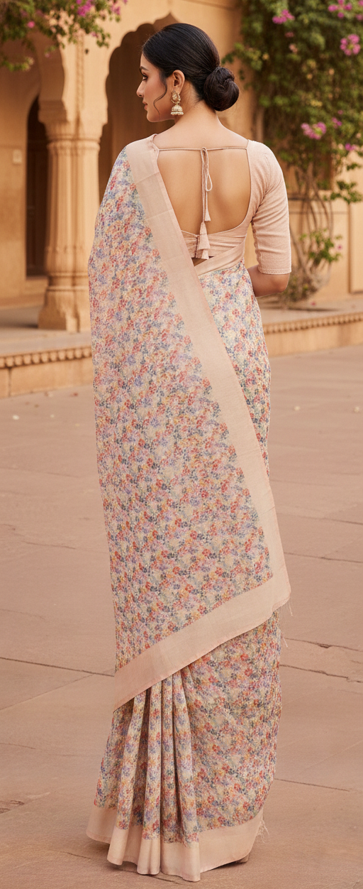 Floral Multi Colour Cotton Linen Saree with Soft Beige Border for Festive & Casual Wear by Magnite (SE-1075)