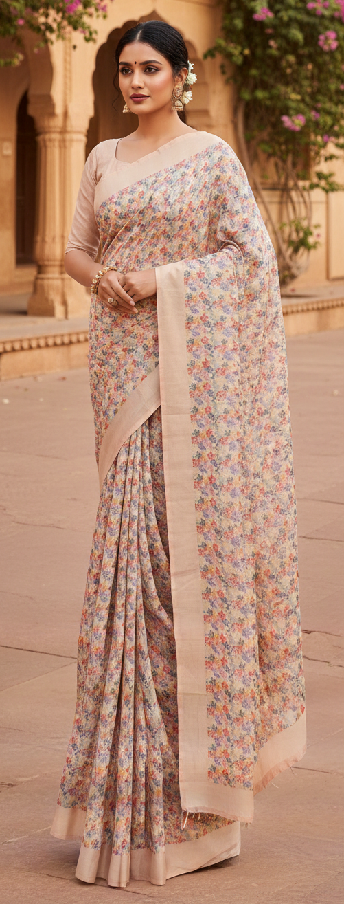 Floral Multi Colour Cotton Linen Saree with Soft Beige Border for Festive & Casual Wear by Magnite (SE-1075)