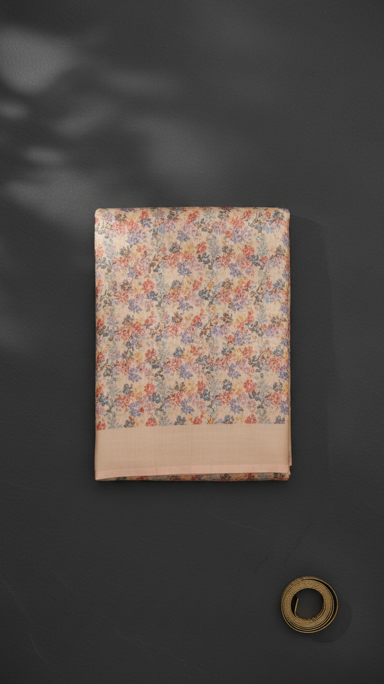Floral Multi Colour Cotton Linen Saree with Soft Beige Border for Festive & Casual Wear by Magnite (SE-1075)