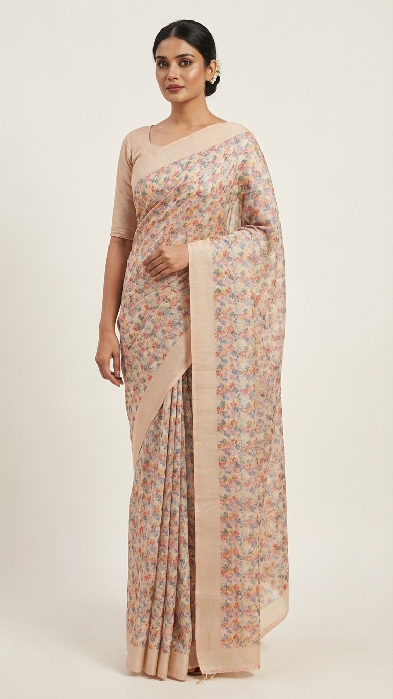 Floral Multi Colour Cotton Linen Saree with Soft Beige Border for Festive & Casual Wear by Magnite (SE-1075)