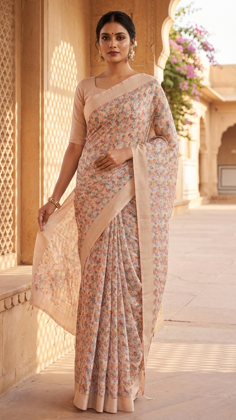 Floral Multi Colour Cotton Linen Saree with Soft Beige Border for Festive & Casual Wear by Magnite (SE-1075)