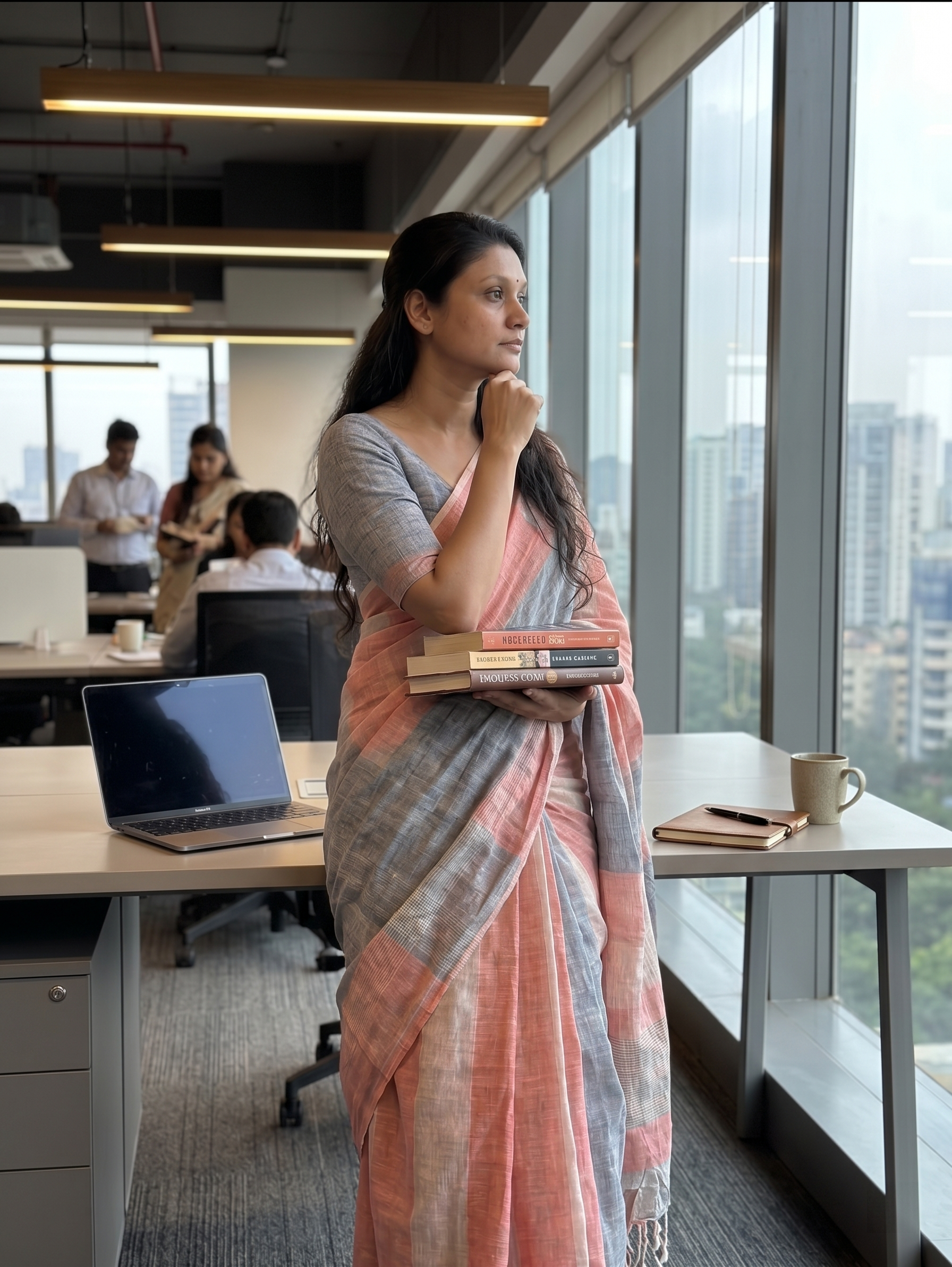 Coral Grey Striped Cotton Linen Saree with Contrast Pallu – Magnite by Magnite (SE-1076)