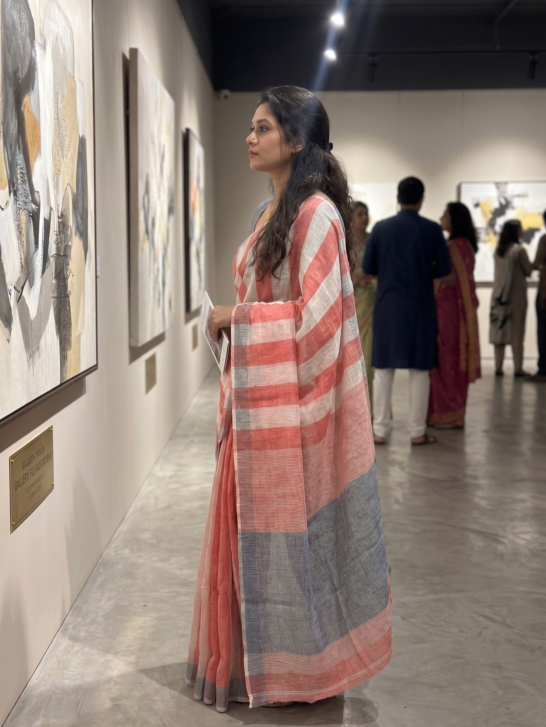 Coral Grey Striped Cotton Linen Saree with Contrast Pallu – Magnite by Magnite (SE-1076)