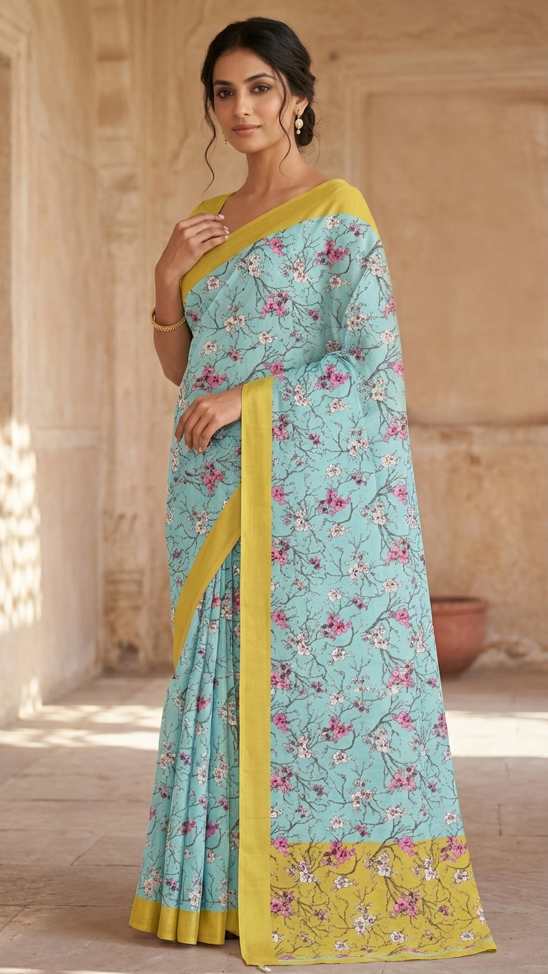 Mint Green Floral Cotton Linen Saree with Yellow Border by Magnite (SE-1077)