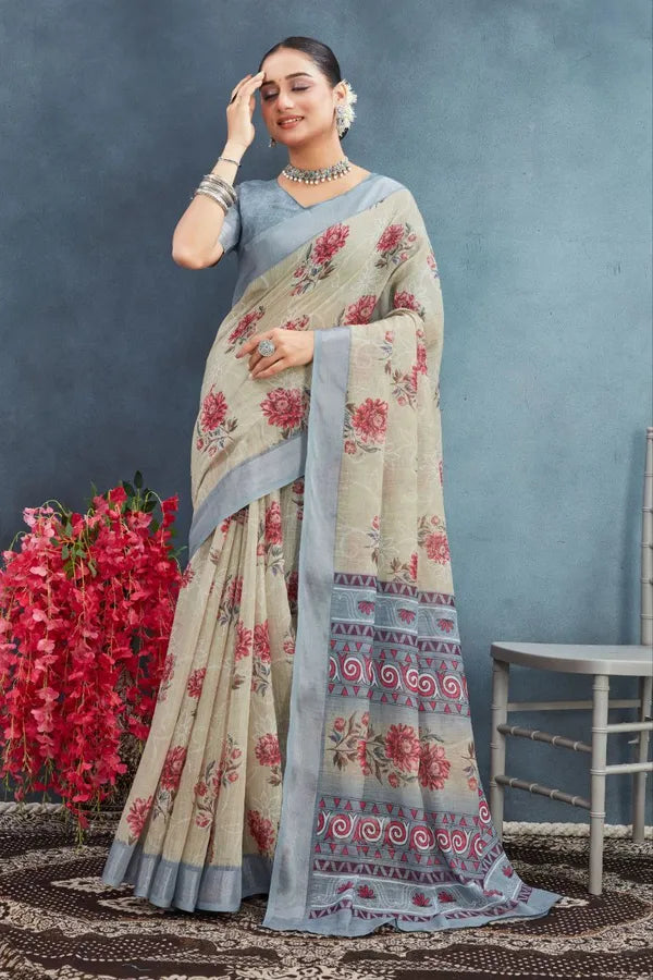 Beige Floral Cotton Linen Saree with Grey Border by Magnite (SE-1078)