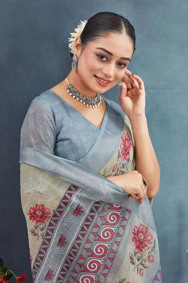 Beige Floral Cotton Linen Saree with Grey Border by Magnite (SE-1078)