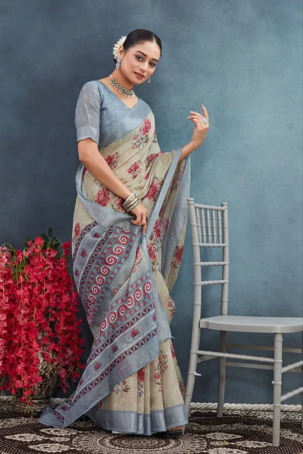 Beige Floral Cotton Linen Saree with Grey Border by Magnite (SE-1078)