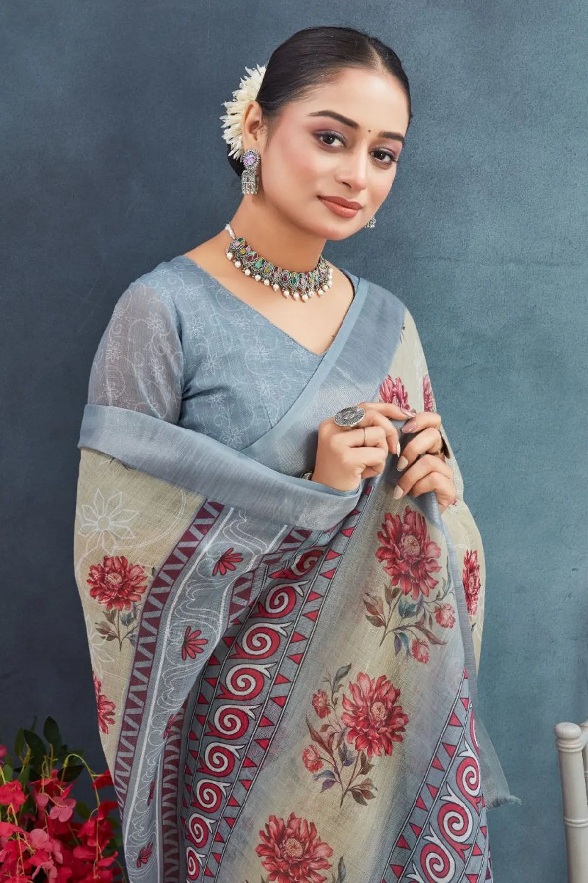 Beige Floral Cotton Linen Saree with Grey Border by Magnite (SE-1078)