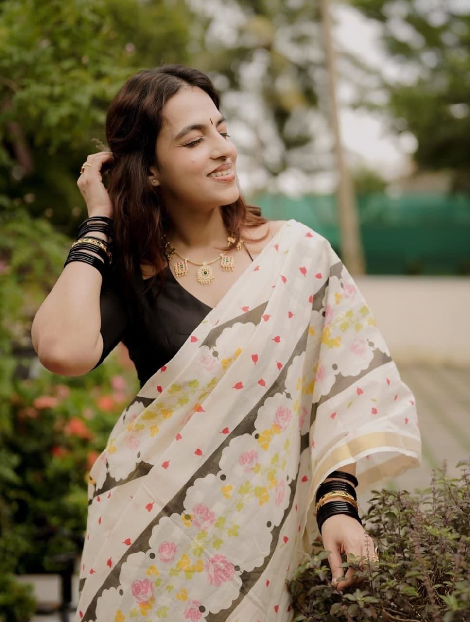 Elegant Cream Floral Printed Cotton Linen Saree with Contrast Border & Unstitched Blouse Piece for Women -Magnite (SE-1081-Cotton Lilen)