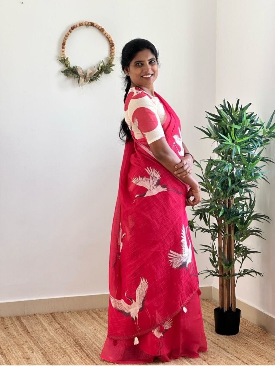 Women’s Cotton Linen Saree with Flying Crane Bird Print -Magnite (SE-1082-Cotton Lilen)