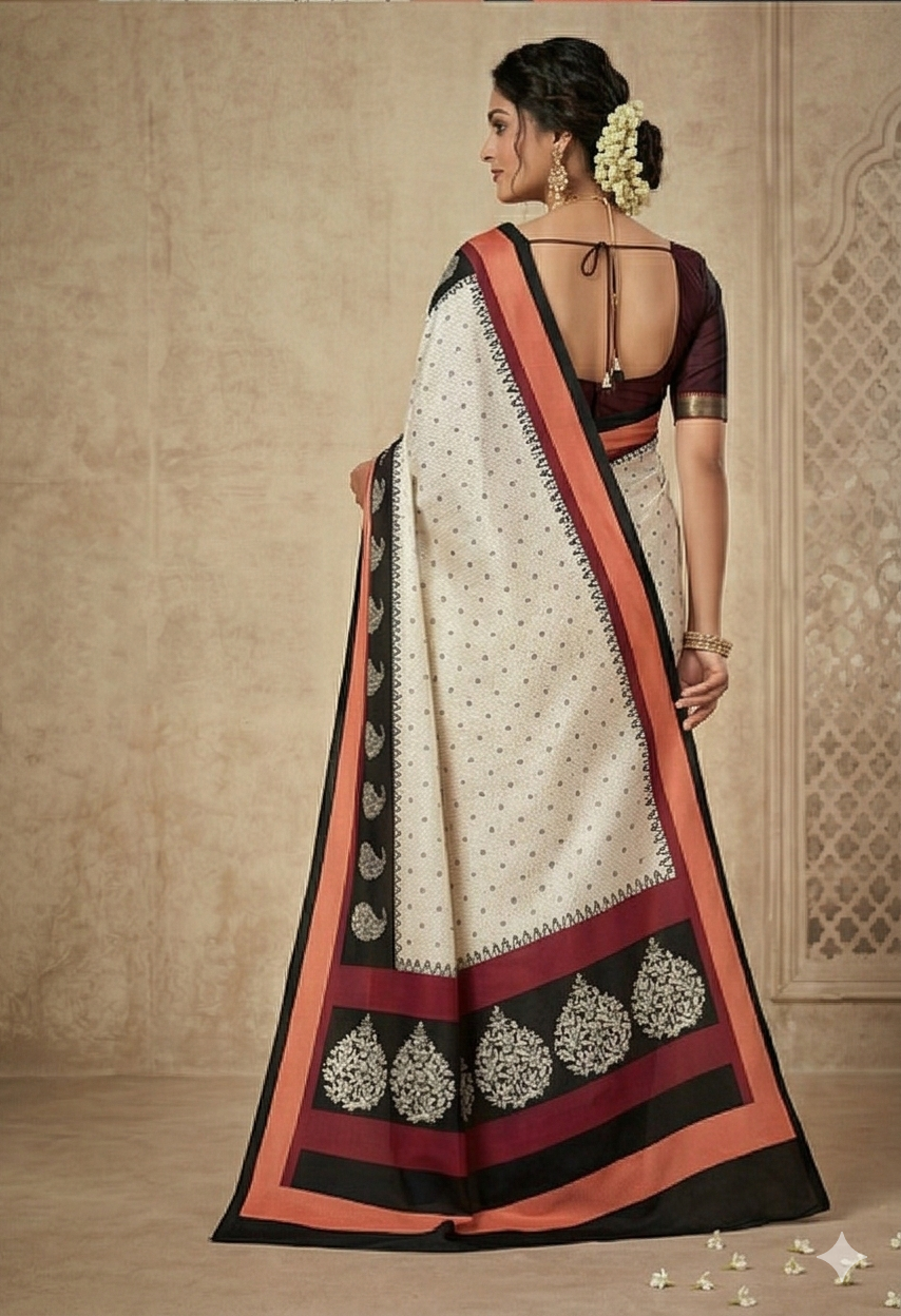 Elegant Cotton Linen Saree with Cream Base, Black Border & Paisley Print by Magnite (SE-1087-Cotton Lilen)