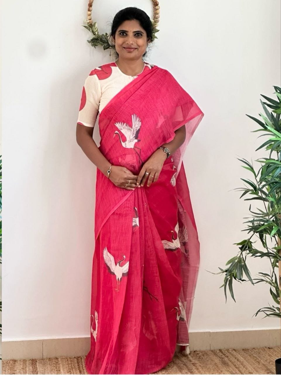 Women’s Cotton Linen Saree with Flying Crane Bird Print -Magnite (SE-1082-Cotton Lilen)