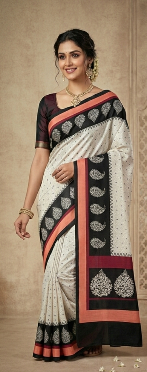 Elegant Cotton Linen Saree with Cream Base, Black Border & Paisley Print by Magnite (SE-1087-Cotton Lilen)