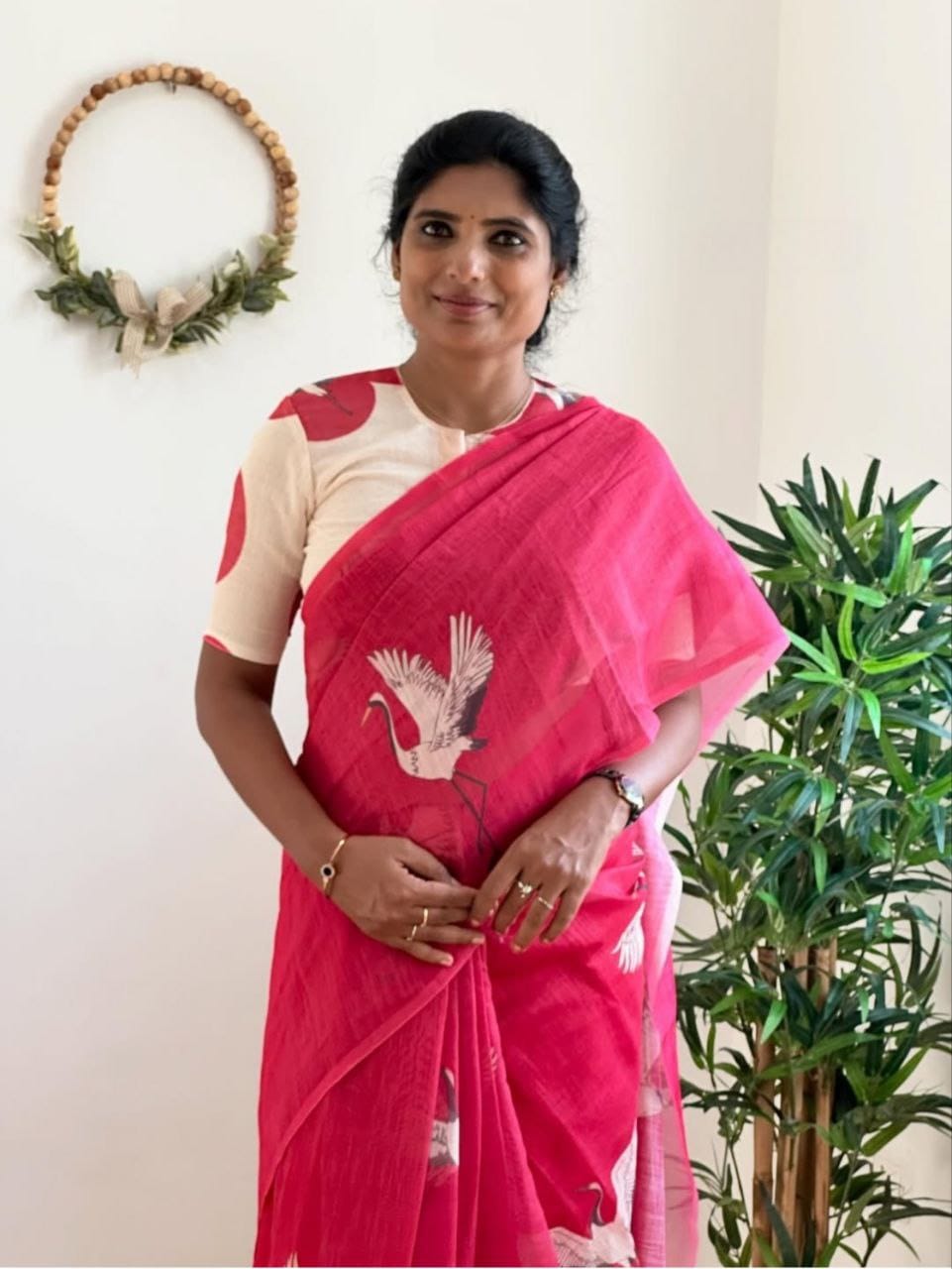 Women’s Cotton Linen Saree with Flying Crane Bird Print -Magnite (SE-1082-Cotton Lilen)