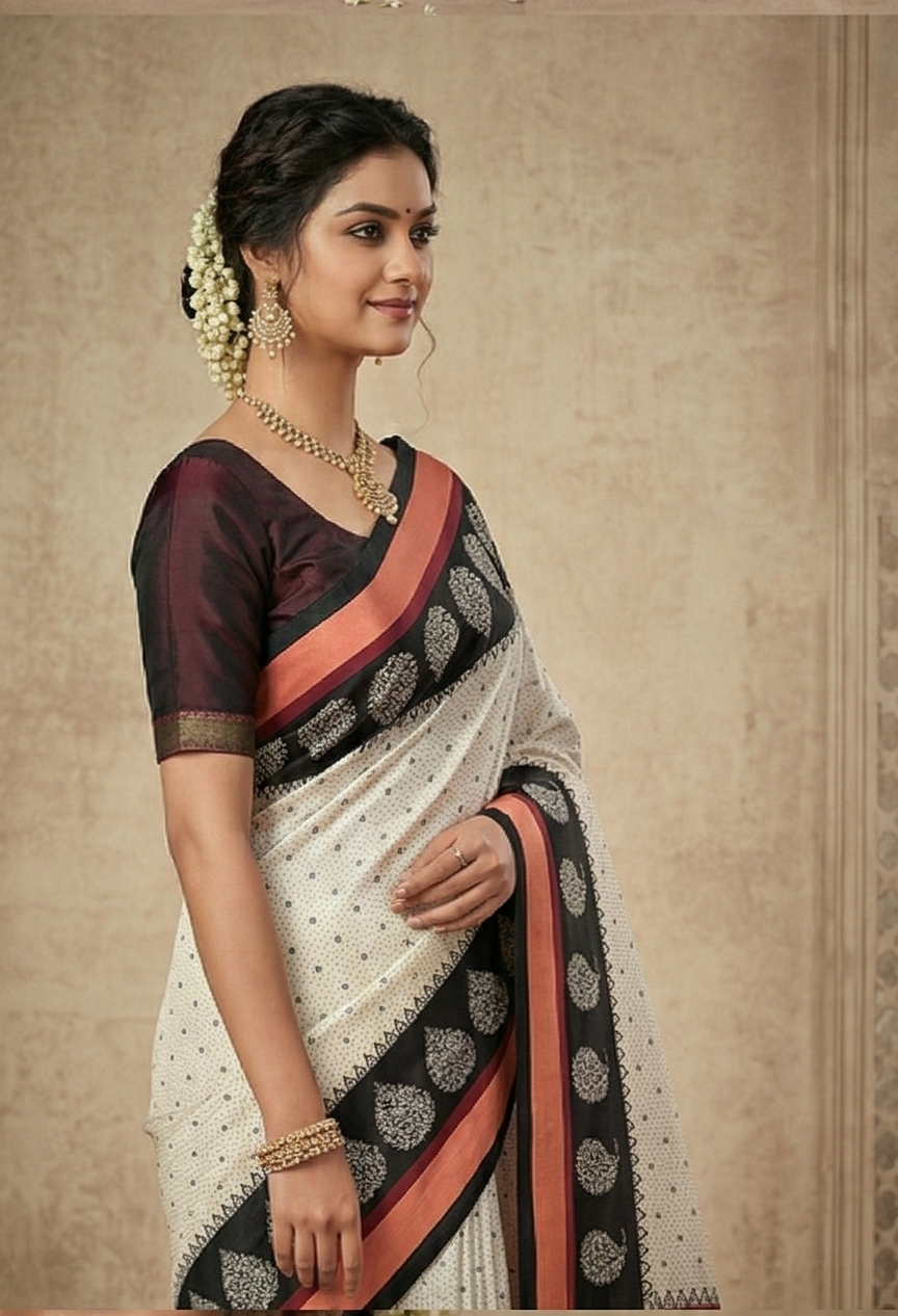 Elegant Cotton Linen Saree with Cream Base, Black Border & Paisley Print by Magnite (SE-1087-Cotton Lilen)