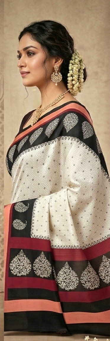 Elegant Cotton Linen Saree with Cream Base, Black Border & Paisley Print by Magnite (SE-1087-Cotton Lilen)