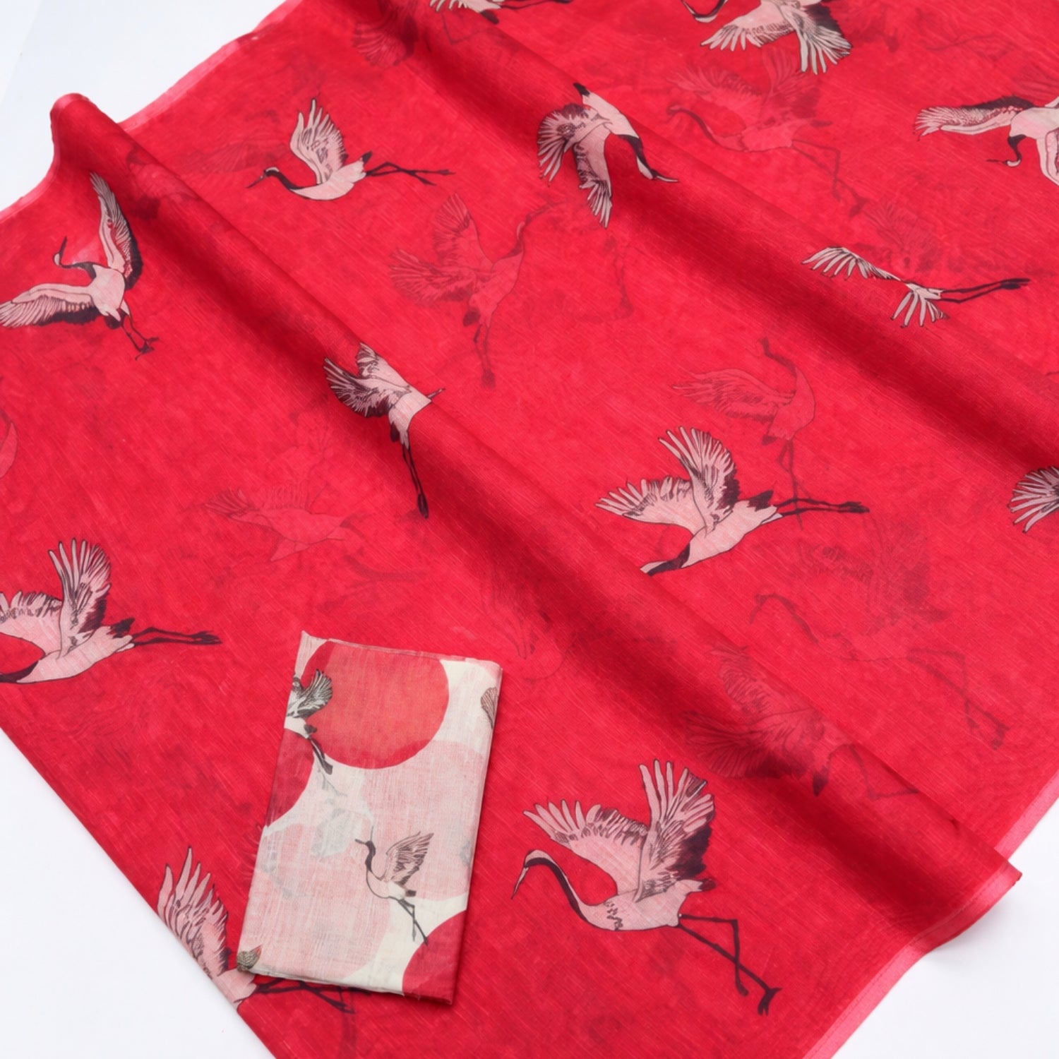 Women’s Cotton Linen Saree with Flying Crane Bird Print -Magnite (SE-1082-Cotton Lilen)