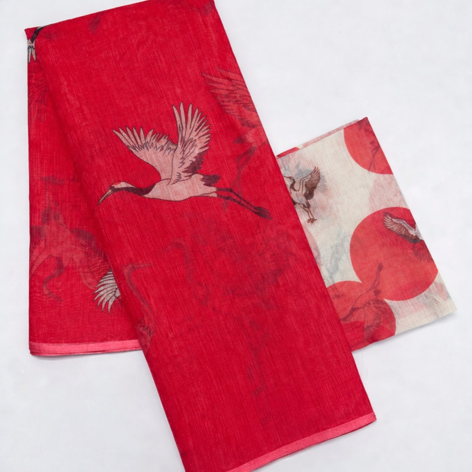 Women’s Cotton Linen Saree with Flying Crane Bird Print -Magnite (SE-1082-Cotton Lilen)