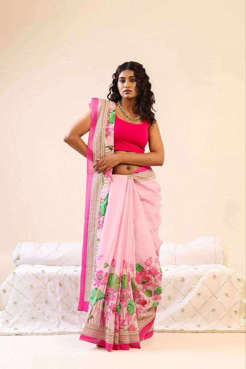 Stylish Pink Cotton Linen Saree with Floral Lotus Print Border -Magnite (SE-1083-Cotton Lilen)