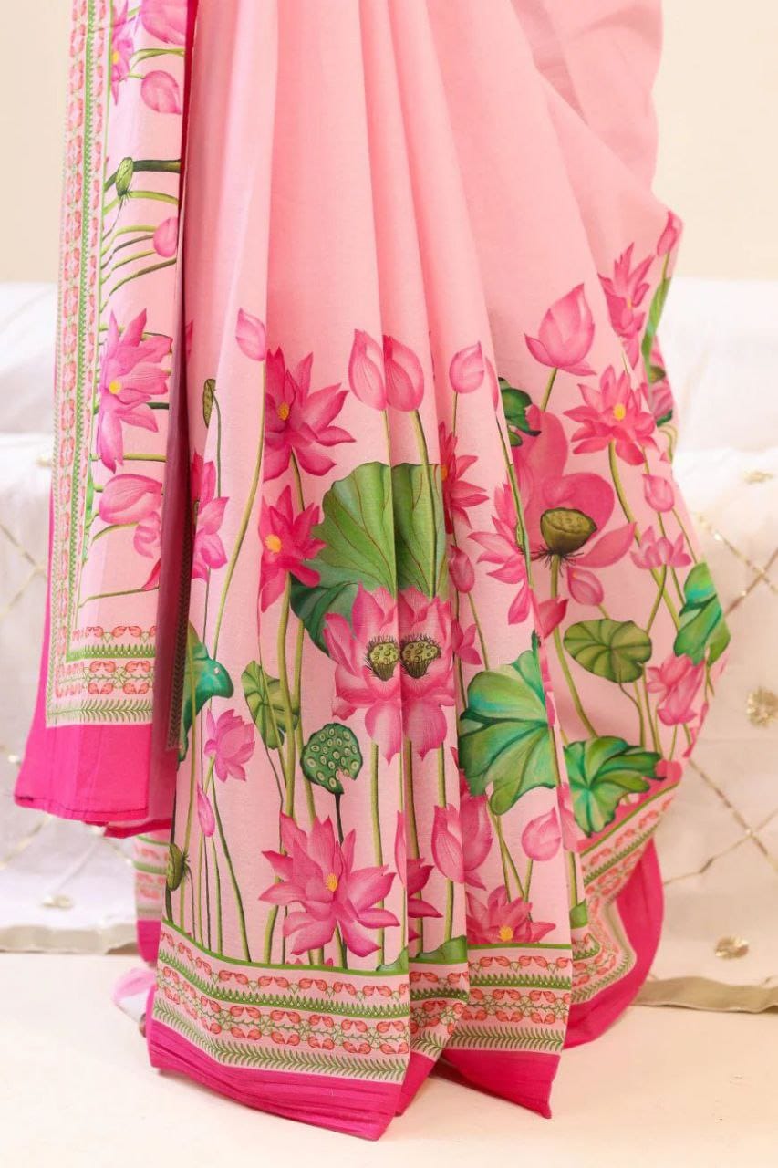 Stylish Pink Cotton Linen Saree with Floral Lotus Print Border -Magnite (SE-1083-Cotton Lilen)