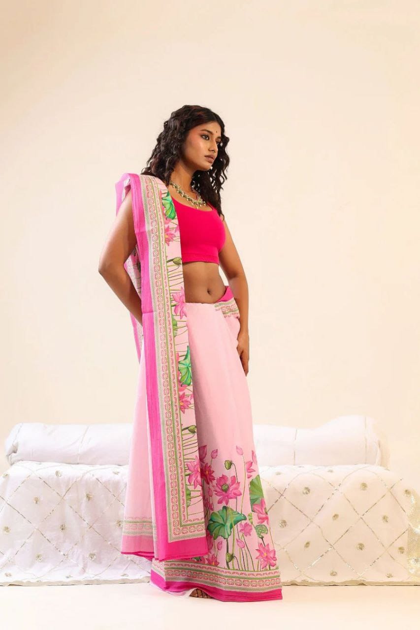 Stylish Pink Cotton Linen Saree with Floral Lotus Print Border -Magnite (SE-1083-Cotton Lilen)
