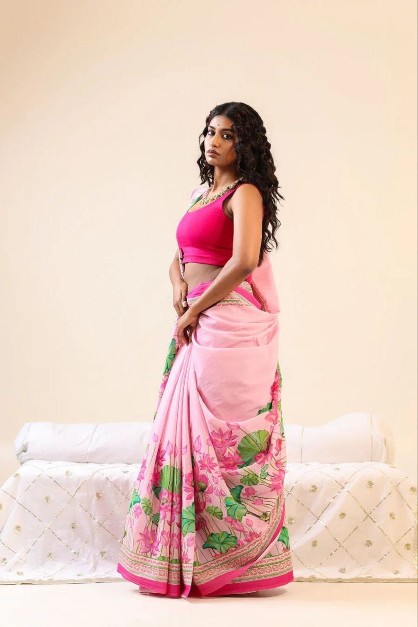 Stylish Pink Cotton Linen Saree with Floral Lotus Print Border -Magnite (SE-1083-Cotton Lilen)