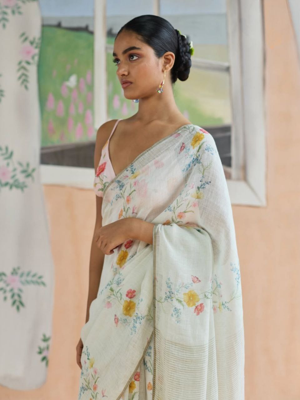 Pastel Floral Print Cotton Linen Saree with Green Border & Unstiched Blouse Piece – Magnite