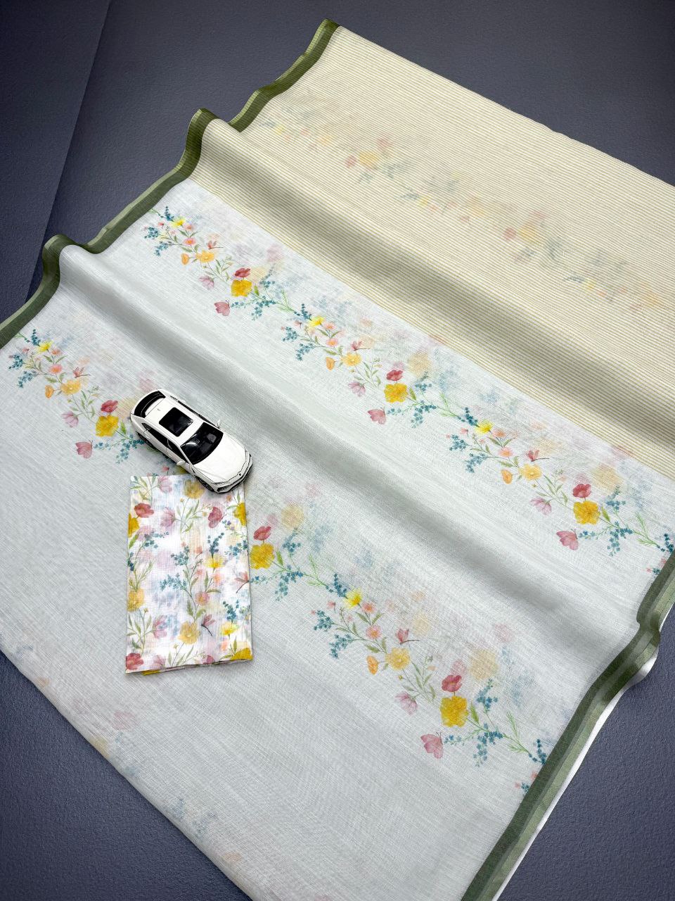 Pastel Floral Print Cotton Linen Saree with Green Border & Unstiched Blouse Piece – Magnite