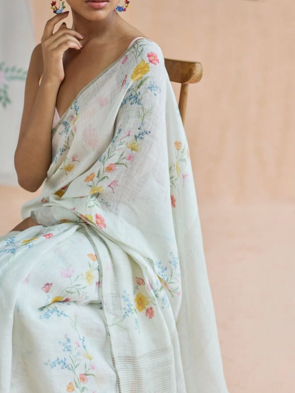 Pastel Floral Print Cotton Linen Saree with Green Border & Blouse Piece-Magnite (SE-1085-Cotton Lilen)