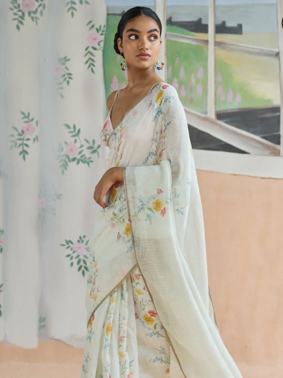 Pastel Floral Print Cotton Linen Saree with Green Border & Unstiched Blouse Piece – Magnite