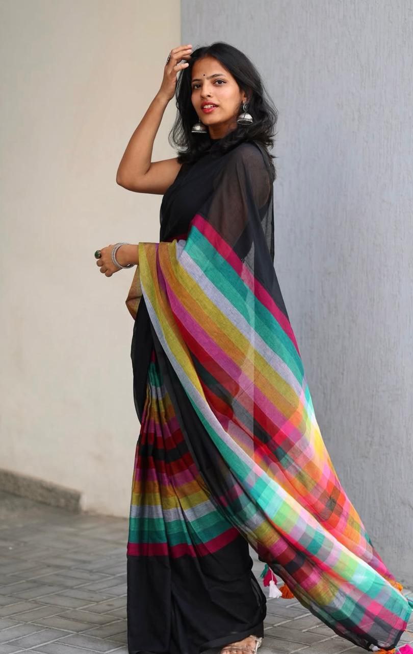 Magnite Black Multicolor Cotton Linen Saree Digital Print -Magnite (SE-1086-Cotton Lilen)