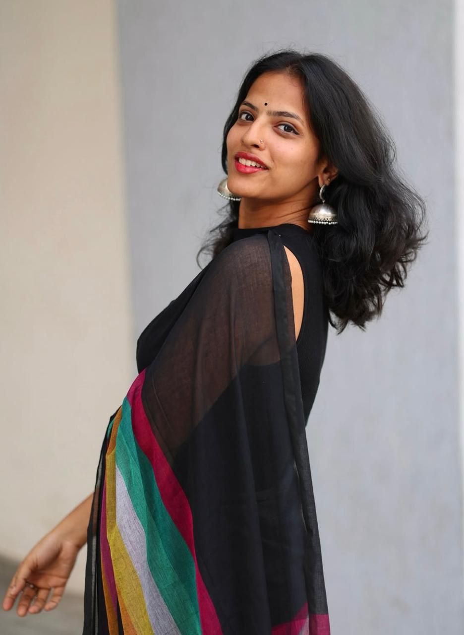 Magnite Black Multicolor Cotton Linen Saree Digital Print -Magnite (SE-1086-Cotton Lilen)
