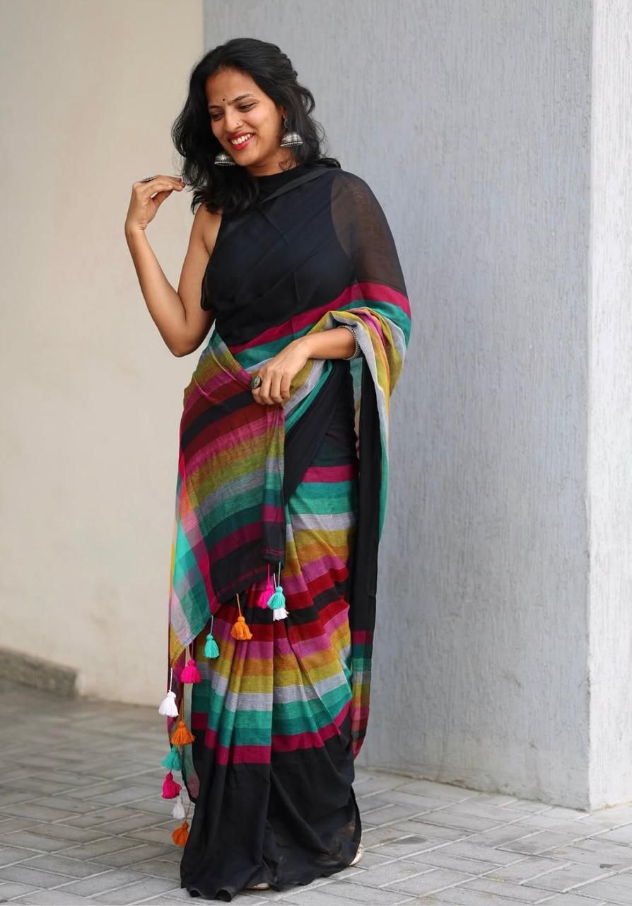 Magnite Black Multicolor Cotton Linen Saree Digital Print -Magnite (SE-1086-Cotton Lilen)