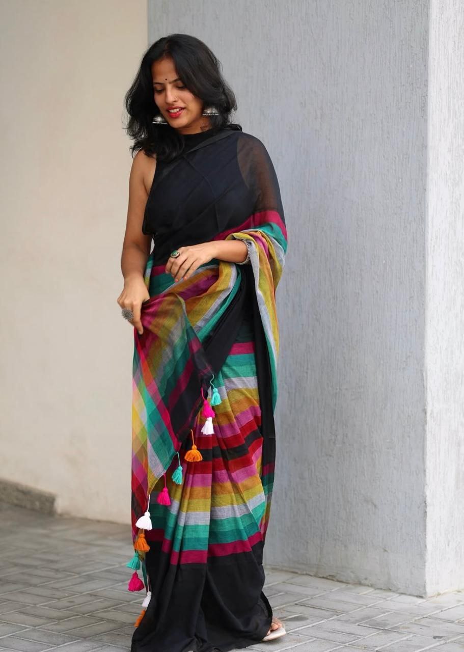 Magnite Black Multicolor Cotton Linen Saree Digital Print -Magnite (SE-1086-Cotton Lilen)