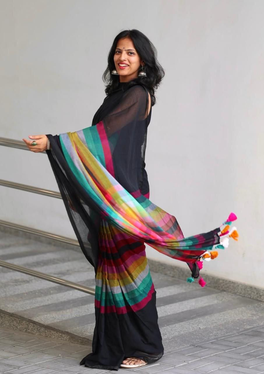 Magnite Black Multicolor Cotton Linen Saree Digital Print -Magnite (SE-1086-Cotton Lilen)
