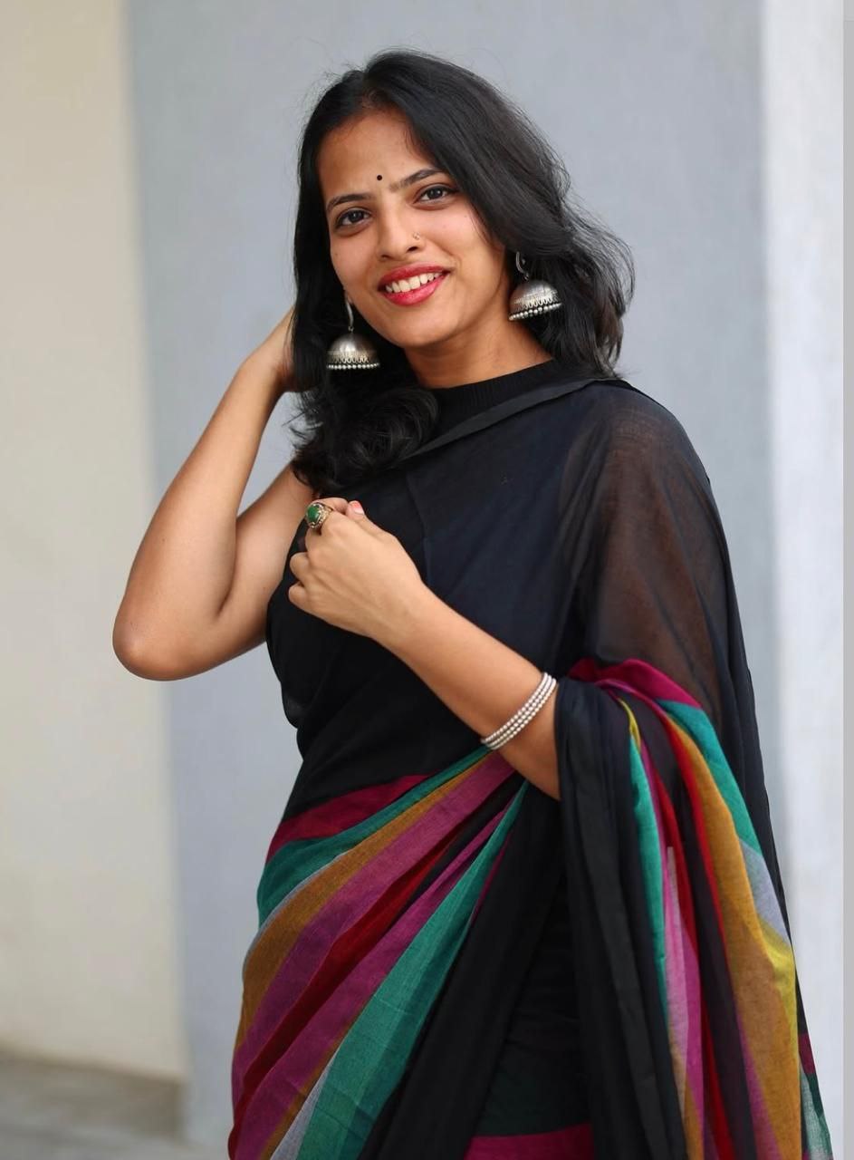 Magnite Black Multicolor Cotton Linen Saree Digital Print -Magnite (SE-1086-Cotton Lilen)