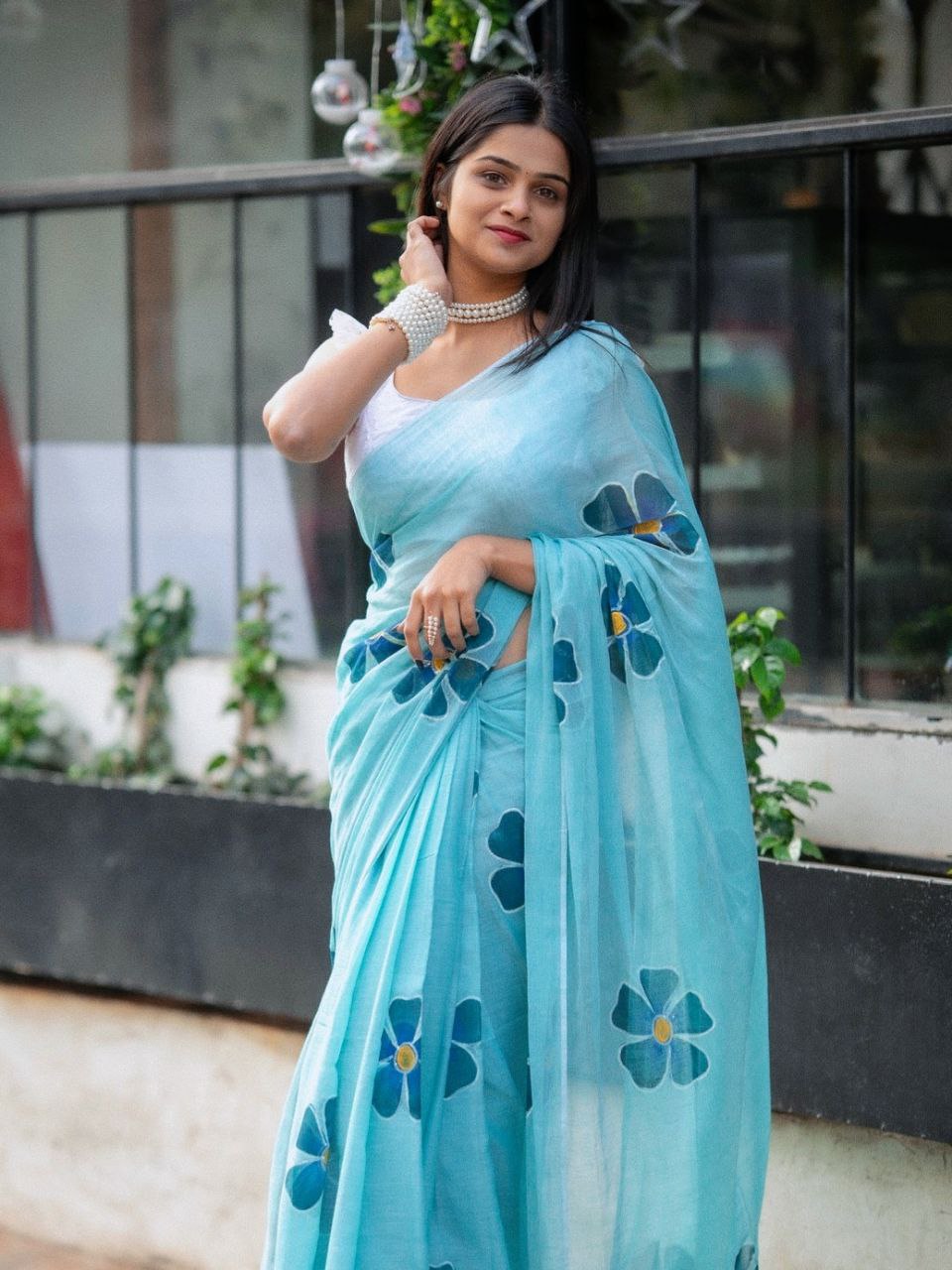 Sky Blue Floral Cotton Linen Saree with Unstitched Blouse Piece | Printed Designer Party Wear Saree for Women | Magnite (SE-1088-Cotton Lilen)
