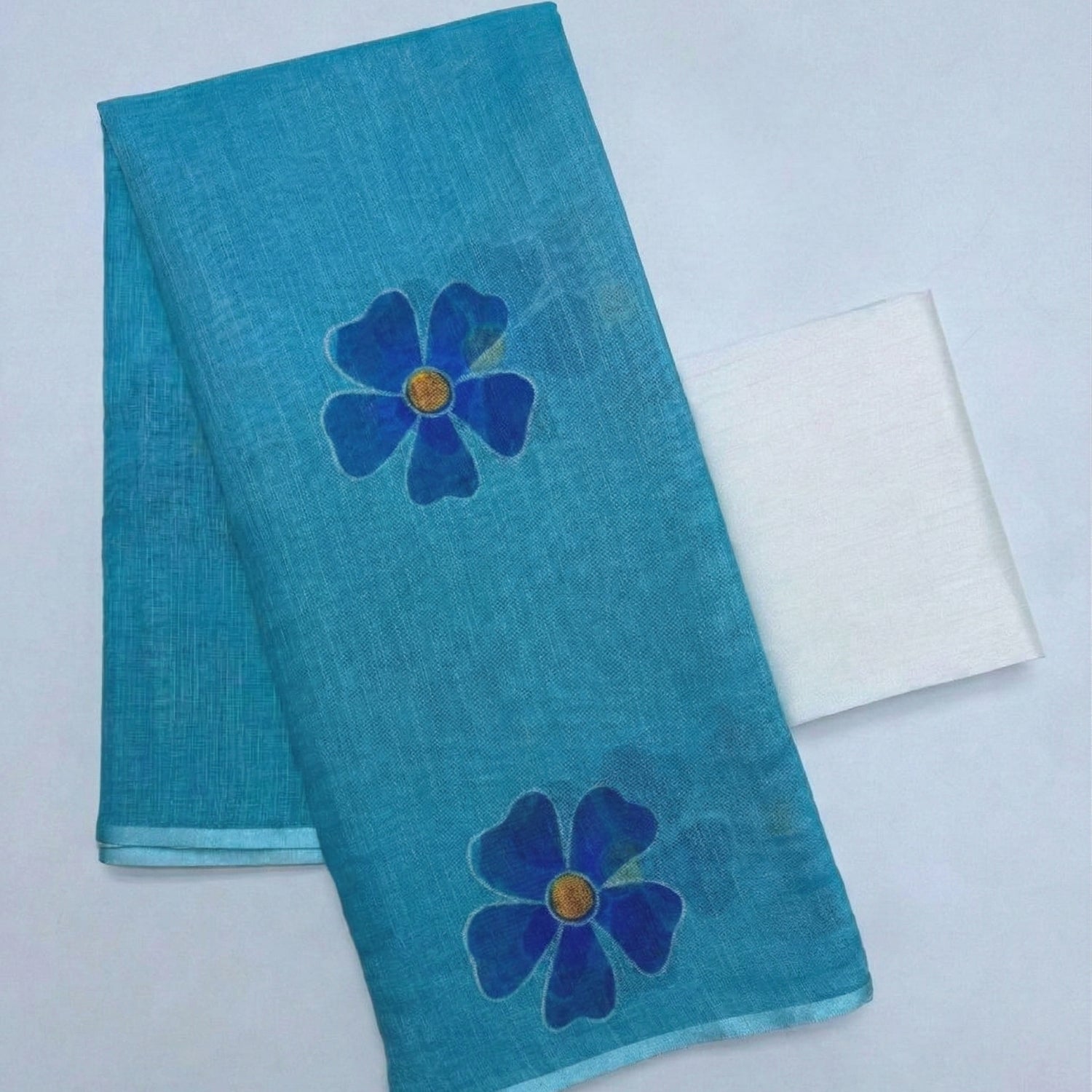 Sky Blue Floral Cotton Linen Saree with Unstitched Blouse Piece | Printed Designer Party Wear Saree for Women | Magnite (SE-1088-Cotton Lilen)