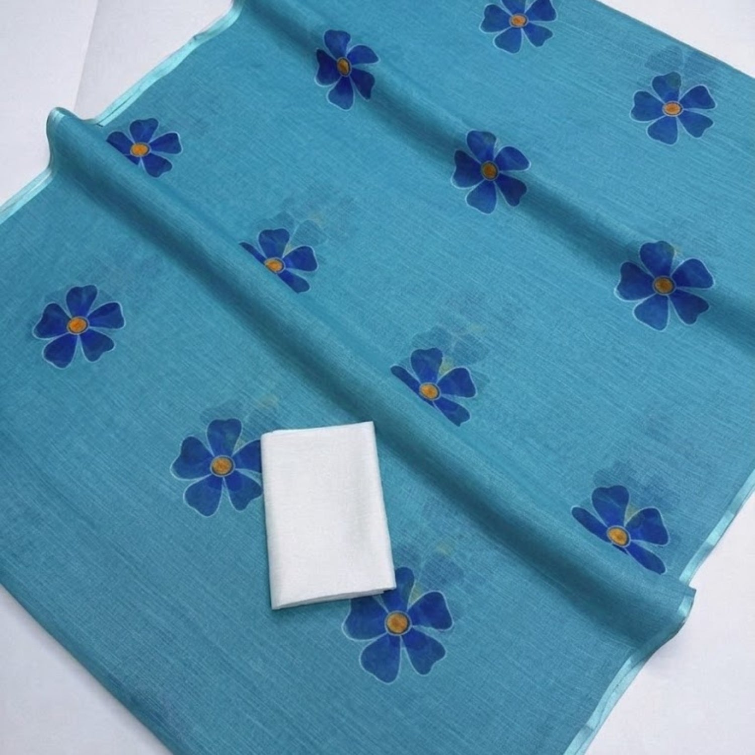 Sky Blue Floral Cotton Linen Saree with Unstitched Blouse Piece | Printed Designer Party Wear Saree for Women | Magnite (SE-1088-Cotton Lilen)