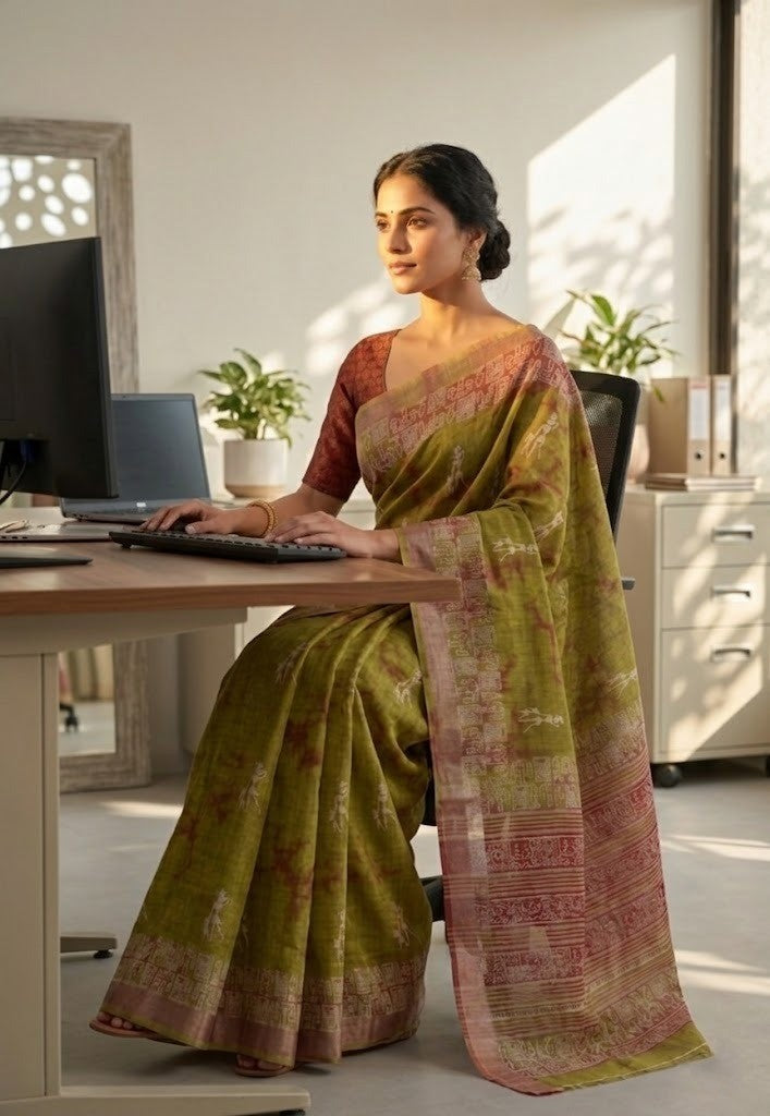 Parrot Green Tribal Art Cotton Linen Saree with Printed Border & Blouse by Magnite (SE-1089)