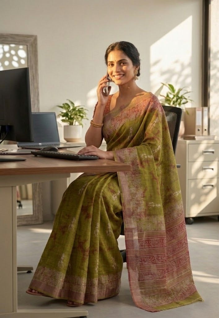 Parrot Green Tribal Art Cotton Linen Saree with Printed Border & Blouse by Magnite (SE-1089)