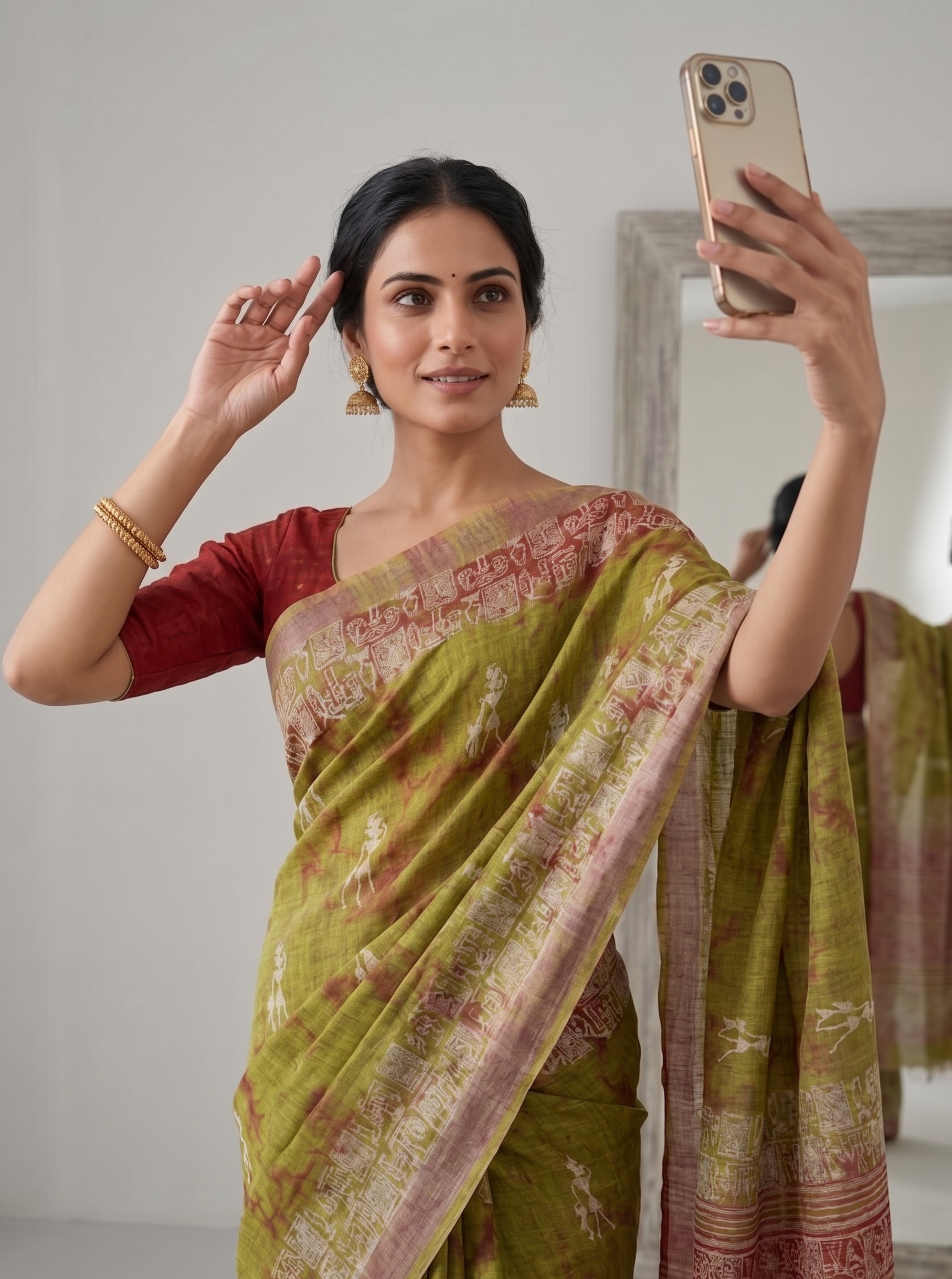 Parrot Green Tribal Art Cotton Linen Saree with Printed Border & Blouse by Magnite (SE-1089)