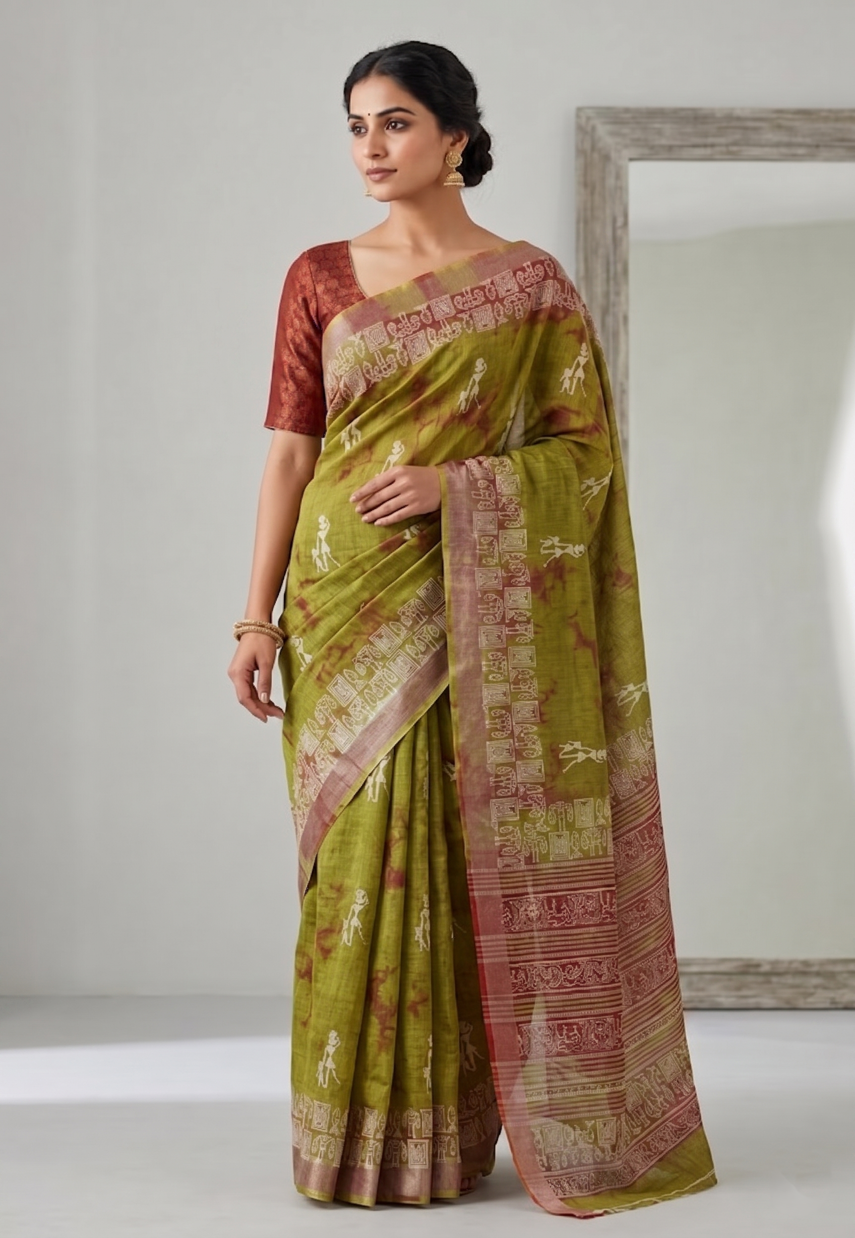 Parrot Green Tribal Art Cotton Linen Saree with Printed Border & Blouse by Magnite (SE-1089)