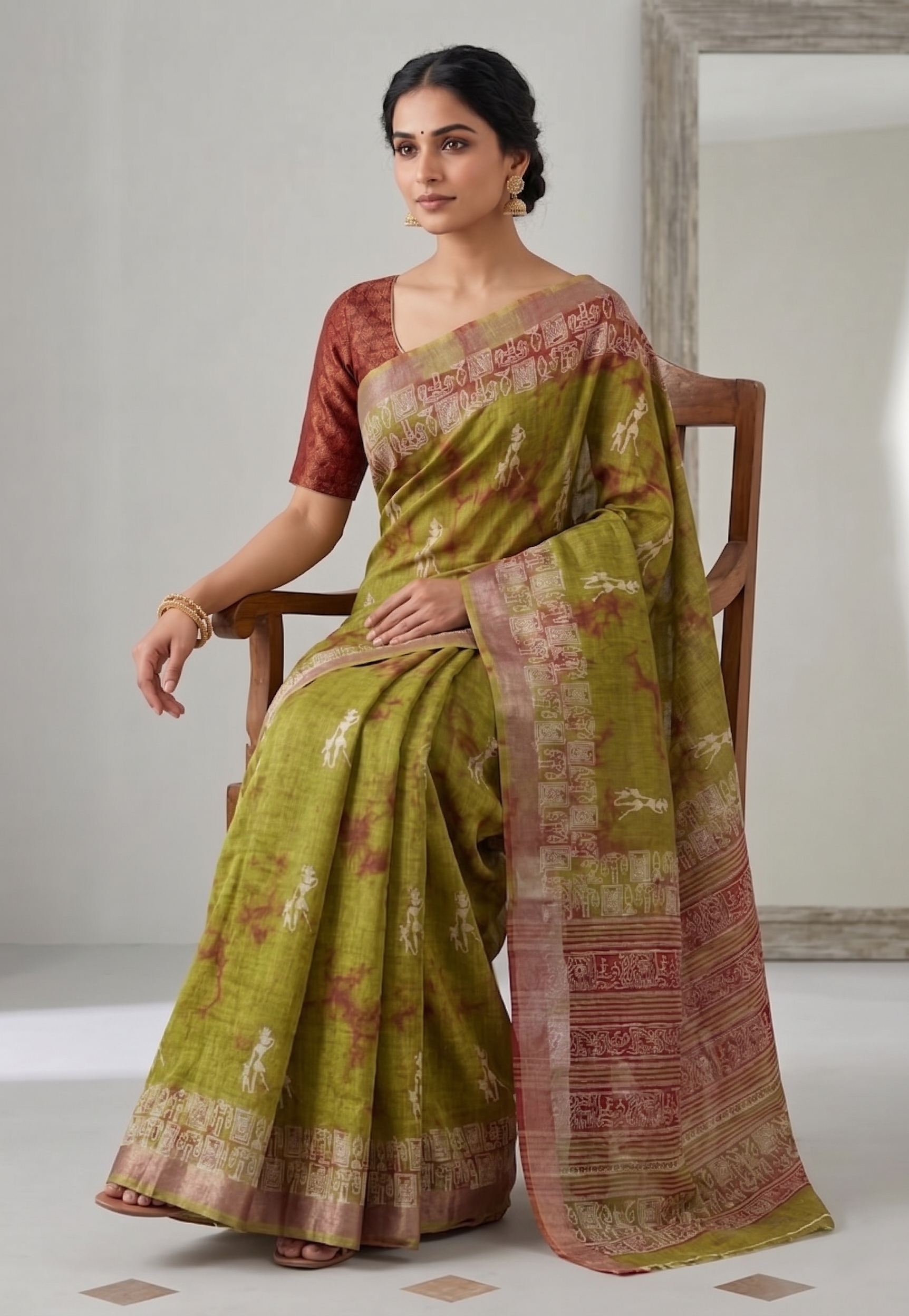Parrot Green Tribal Art Cotton Linen Saree with Printed Border & Blouse by Magnite (SE-1089)