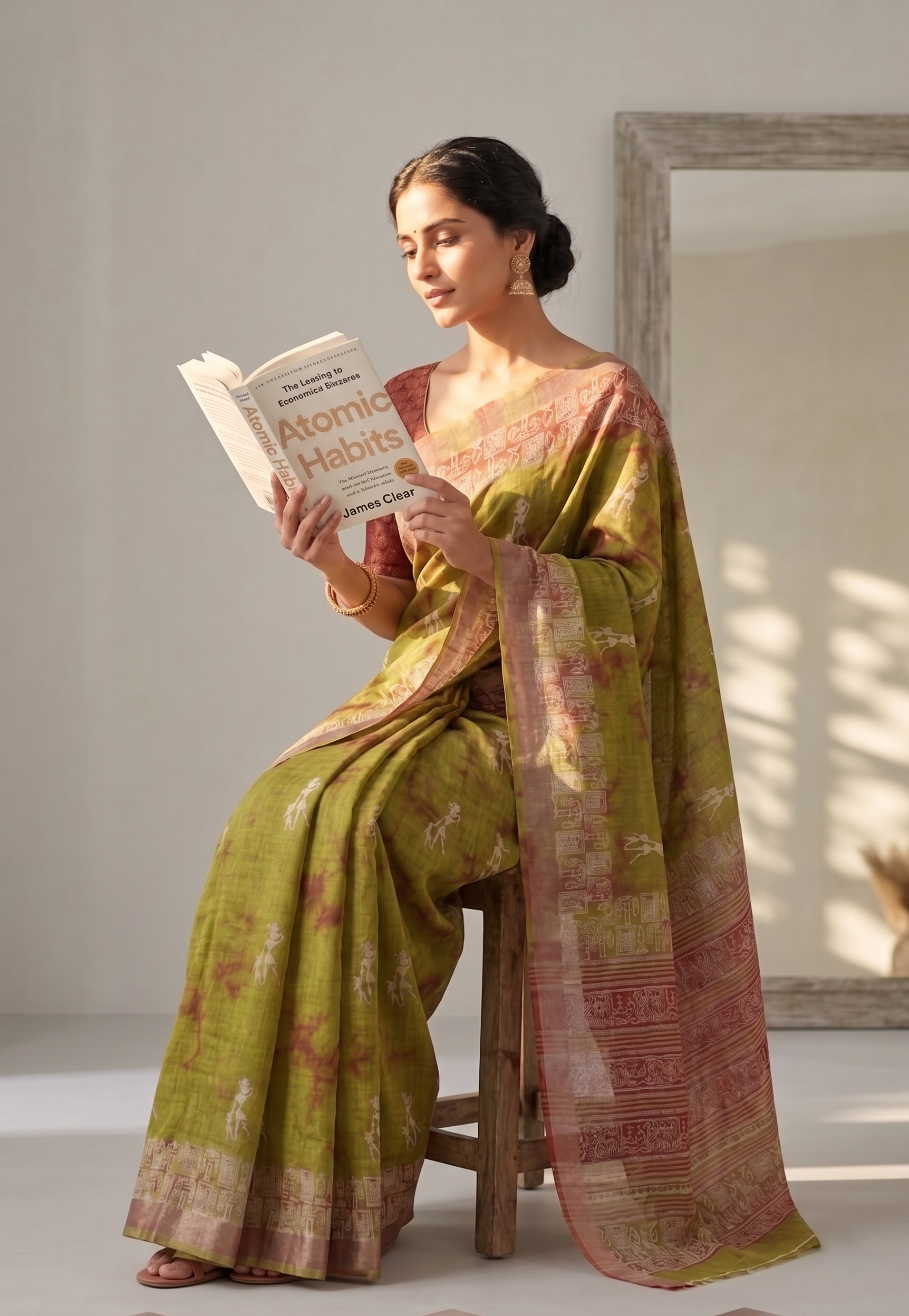 Parrot Green Tribal Art Cotton Linen Saree with Printed Border & Blouse by Magnite (SE-1089)