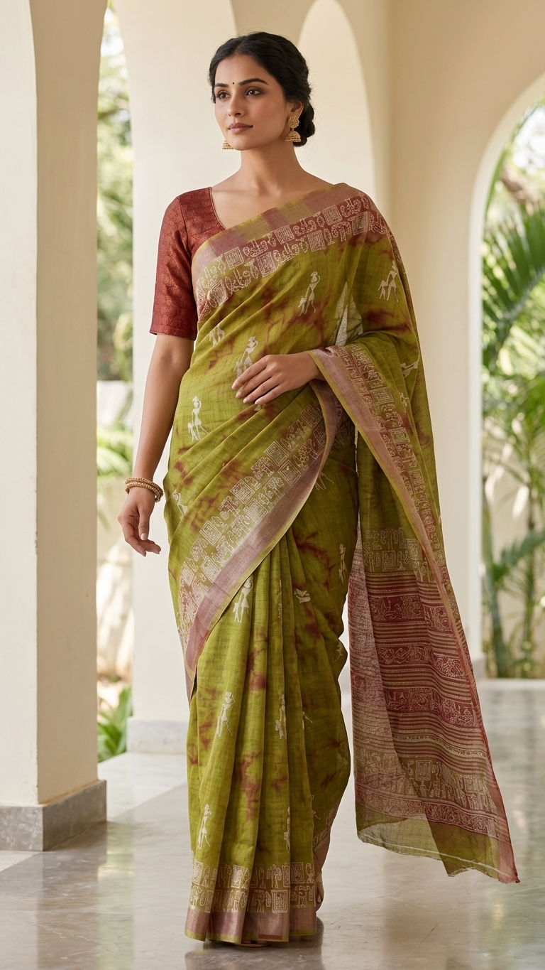 Parrot Green Tribal Art Cotton Linen Saree with Printed Border & Blouse by Magnite (SE-1089)