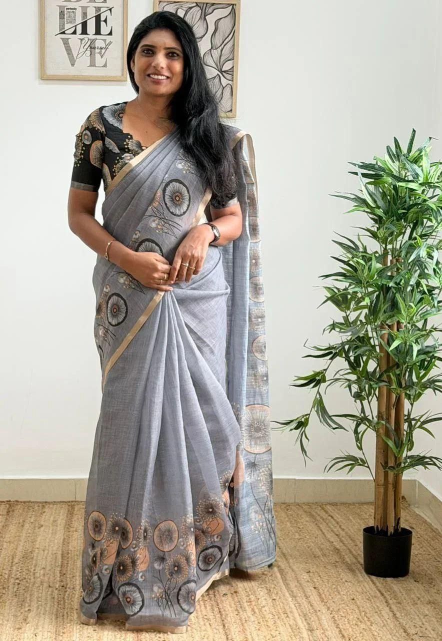 Grey Floral & Abstract Print Cotton Linen Saree with Gold Zari Border & Unstiched Blouse Piece | Magnite