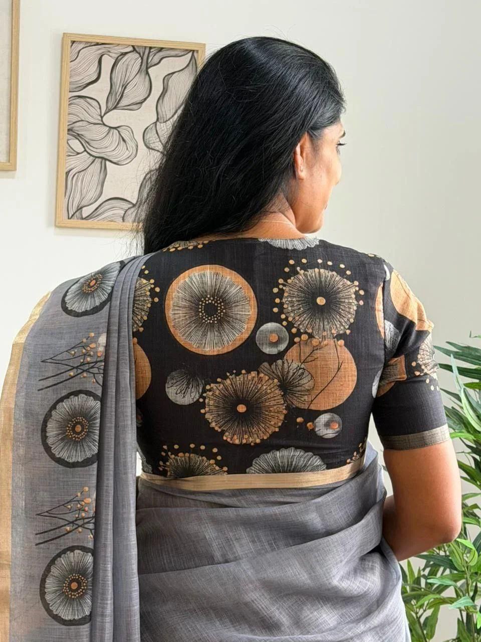 Grey Floral & Abstract Print Cotton Linen Saree with Gold Zari Border & Unstiched Blouse Piece | Magnite